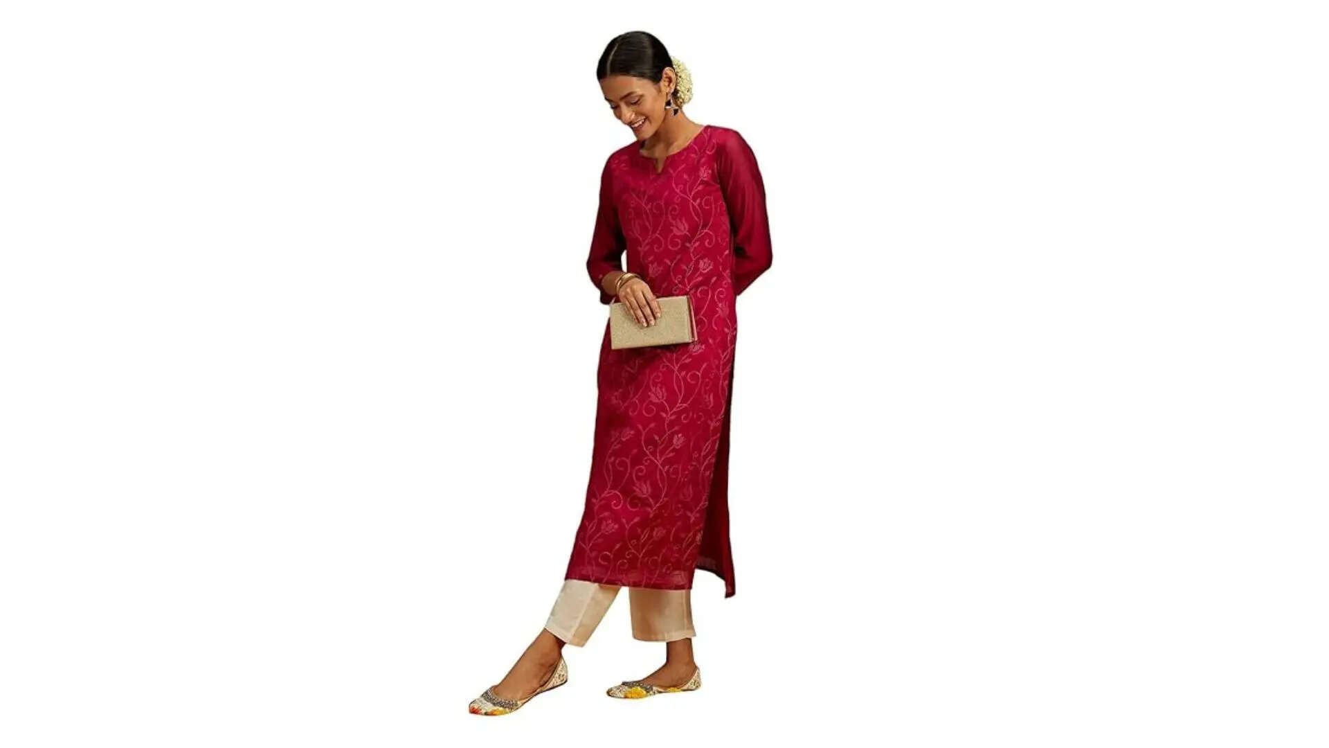 Libas Women Hot Embroidered Chanderi Silk Straight Kurta