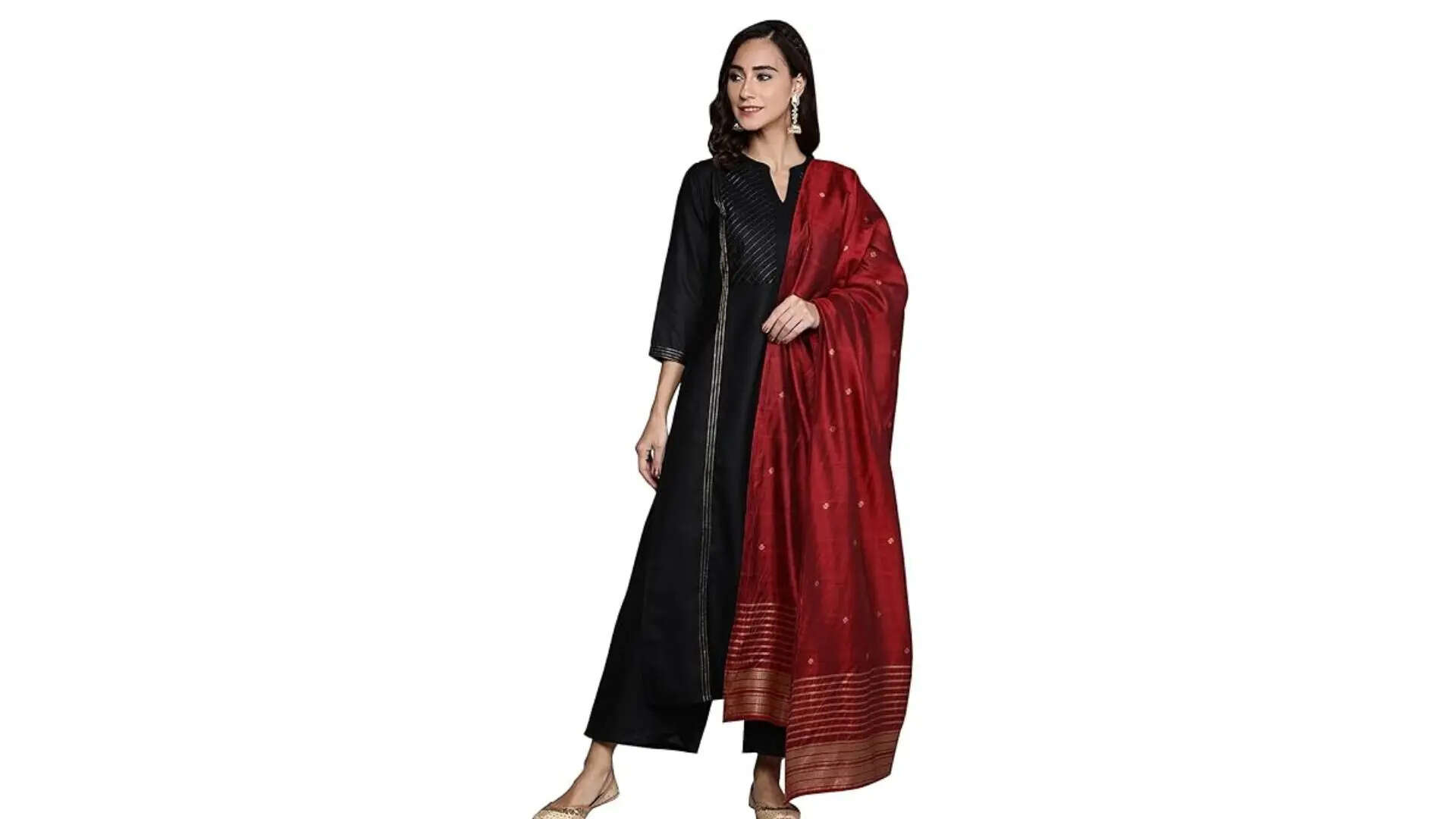 Libas Black Printed Cotton Straight Kurta With Palazzos  Dupatta