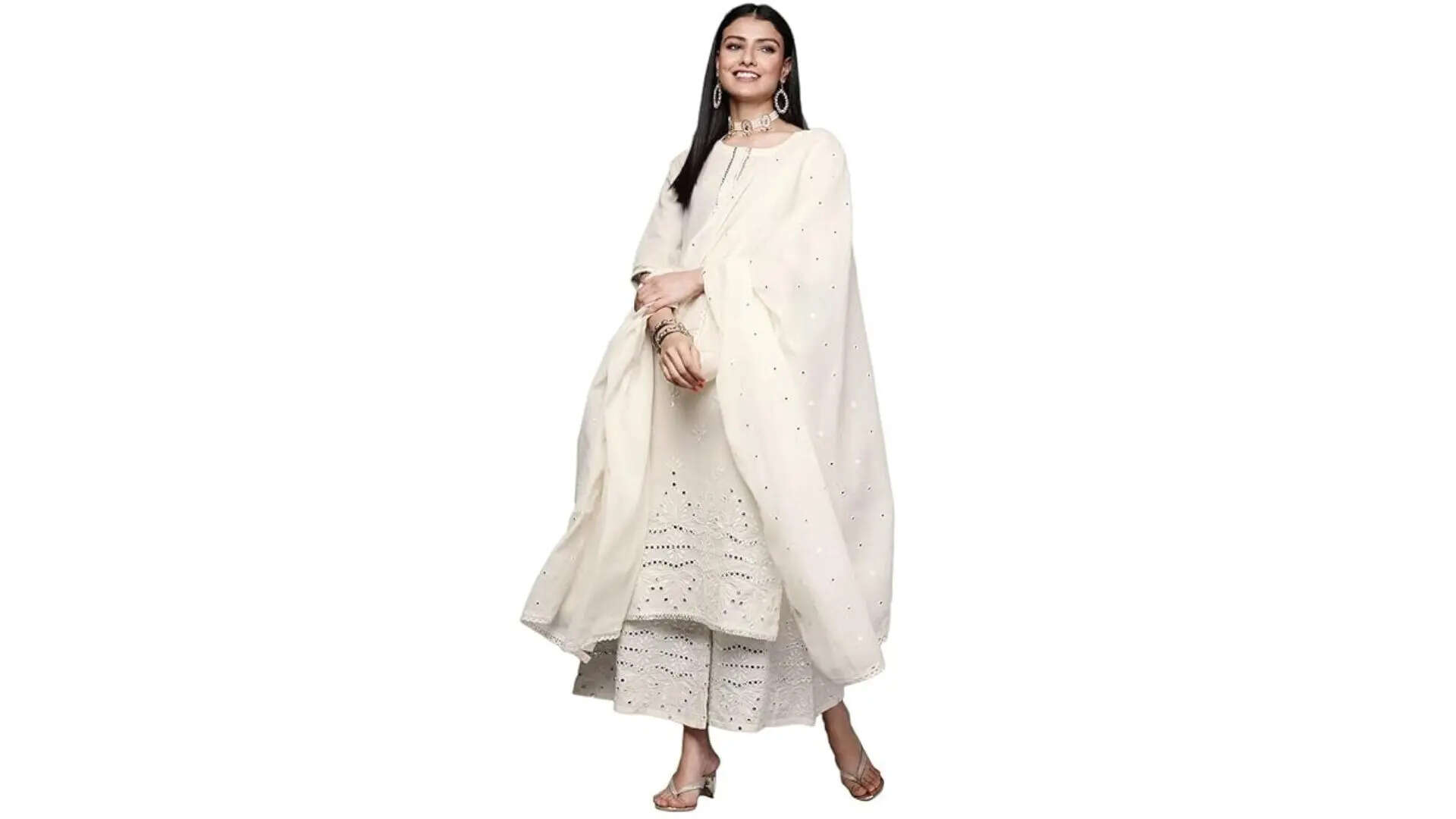 Libas Women Embroidered Cotton Straight Kurta  Palazzo With Dupatta