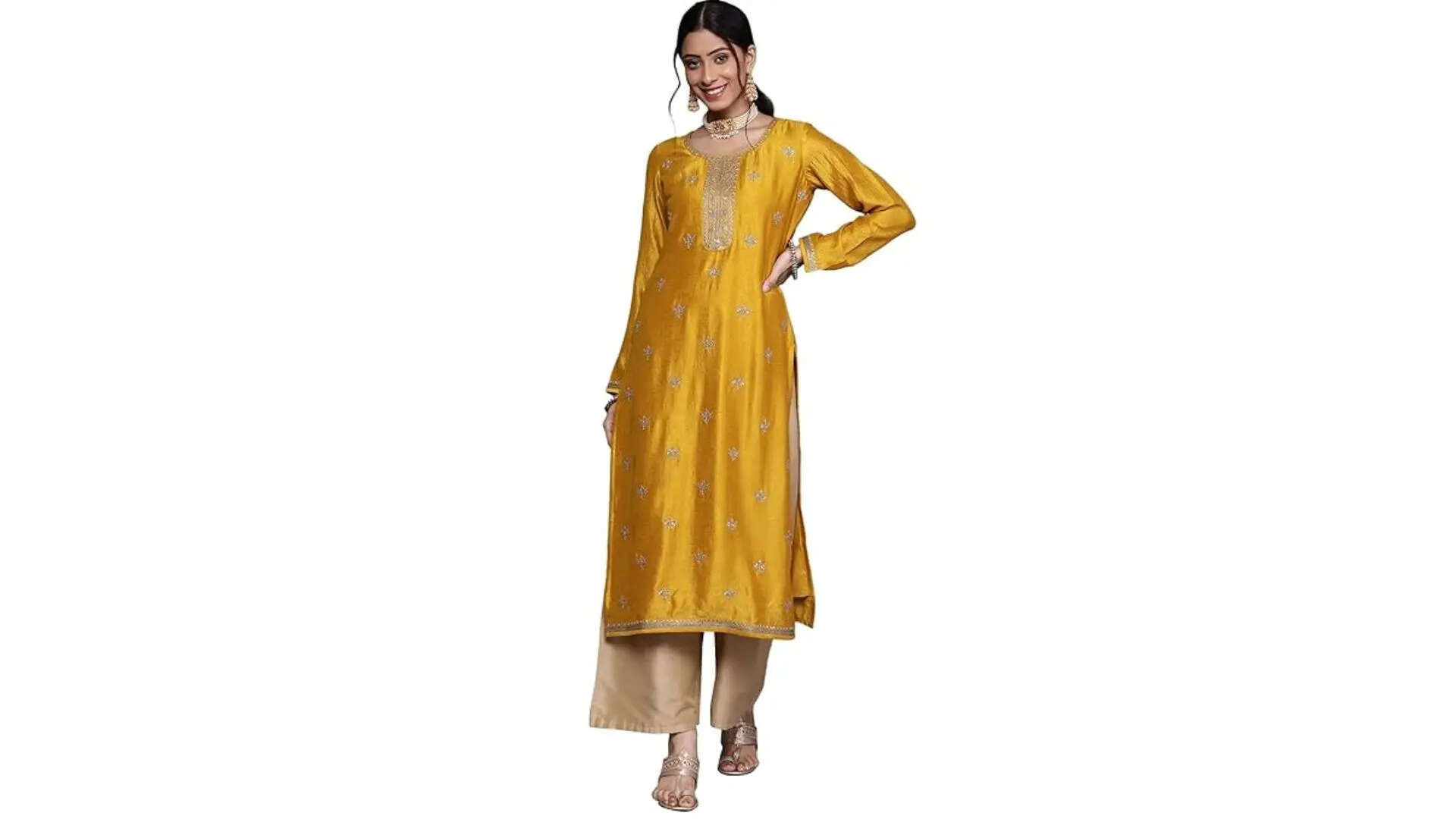 Libas Women Embellished Silk Straight Kurta