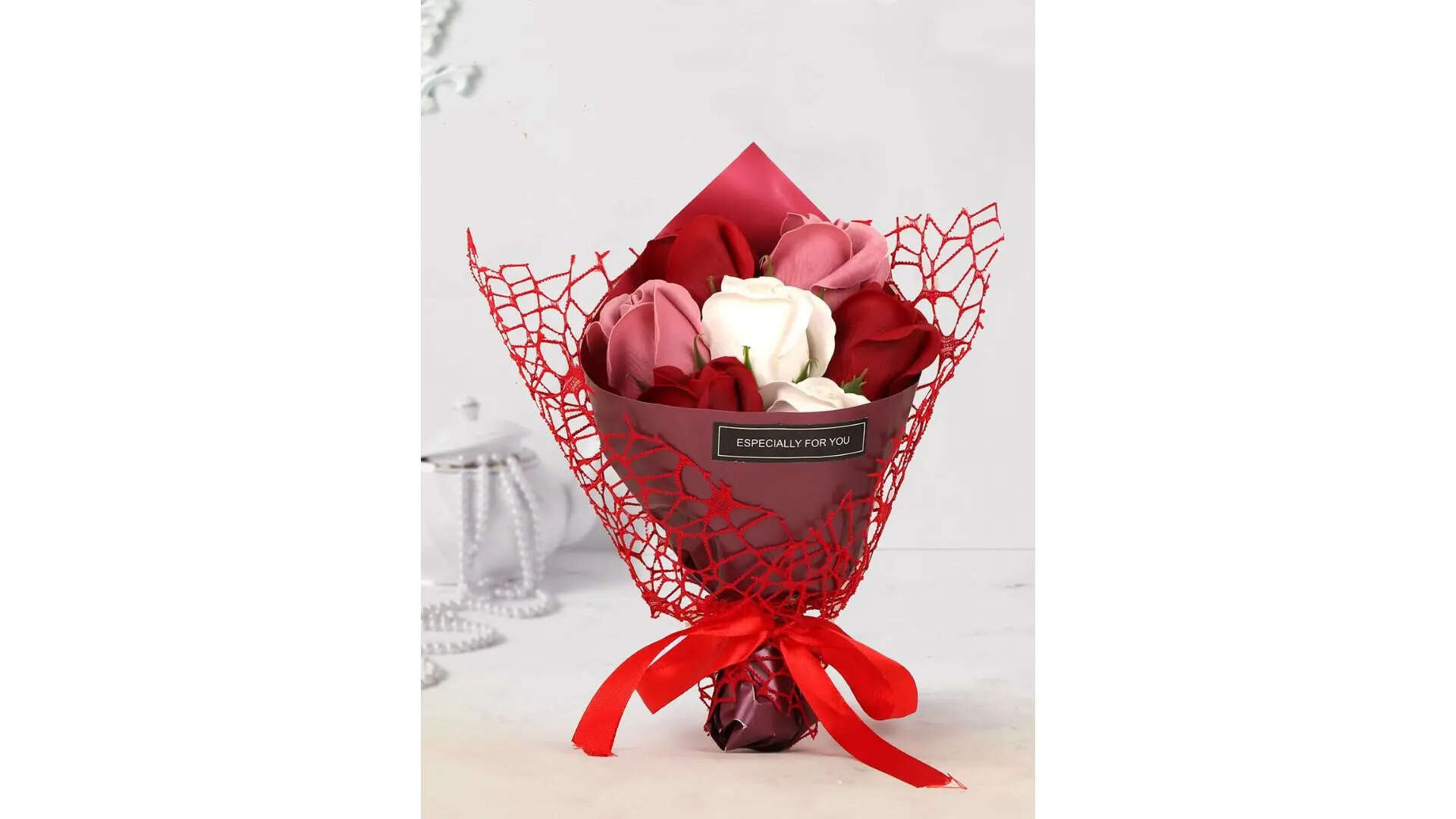 TIED RIBBONS Artificial Rose Flower Bouquet 