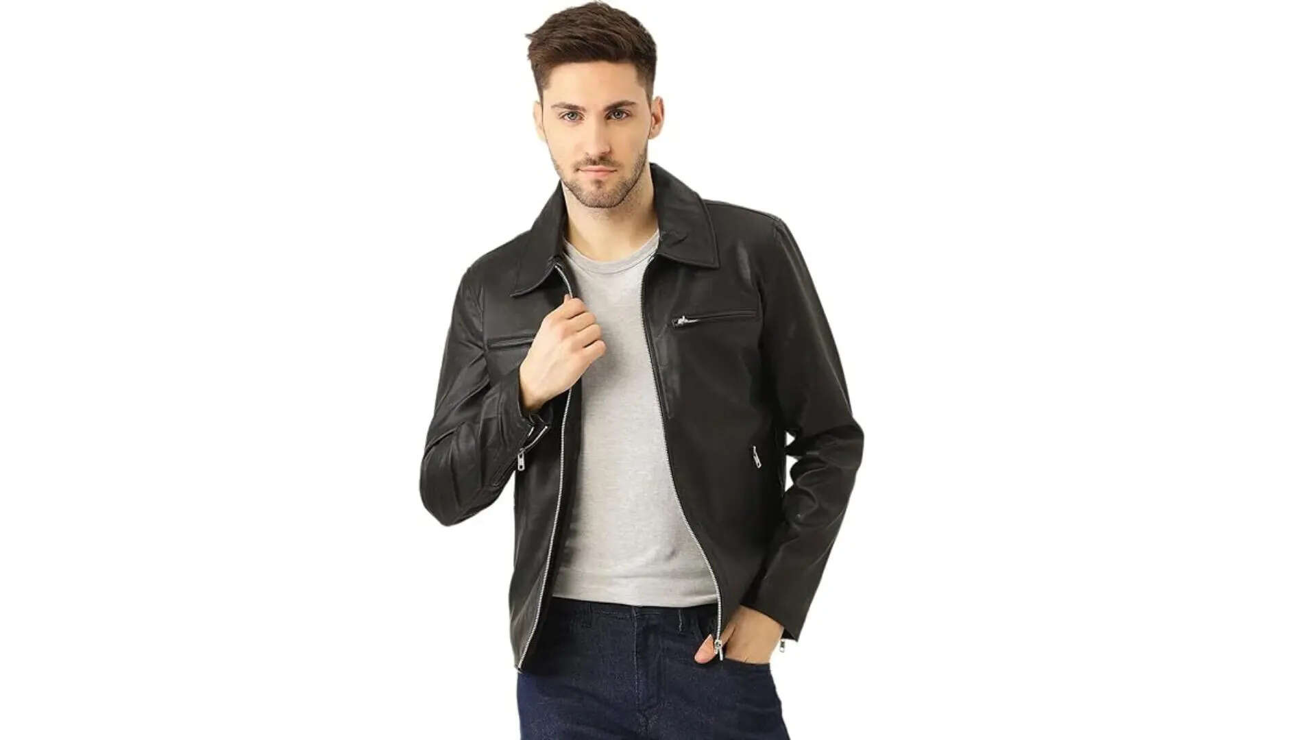 Leather Retail Mens Black Solid Jacket