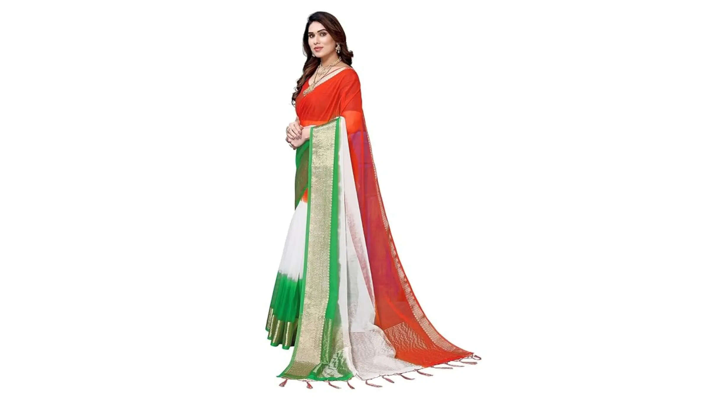 SIRIL Womens Organza Jacquard Zari Stripe Independence Day Tricolor Tiranga Saree