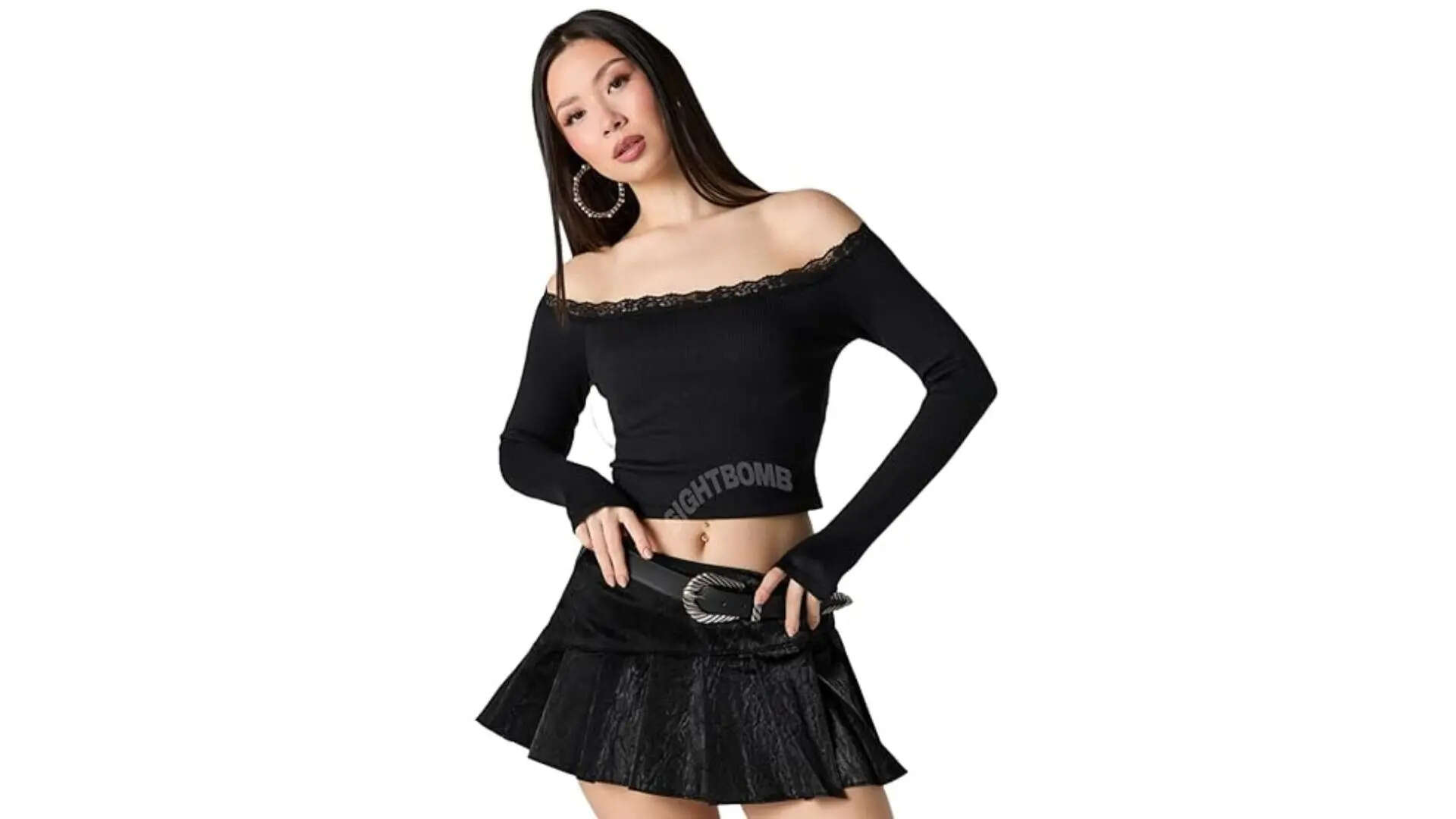 SIGHTBOMB Off Shoulder LACE Trim Crop Length Full Sleeve Ribbed TOP for Women