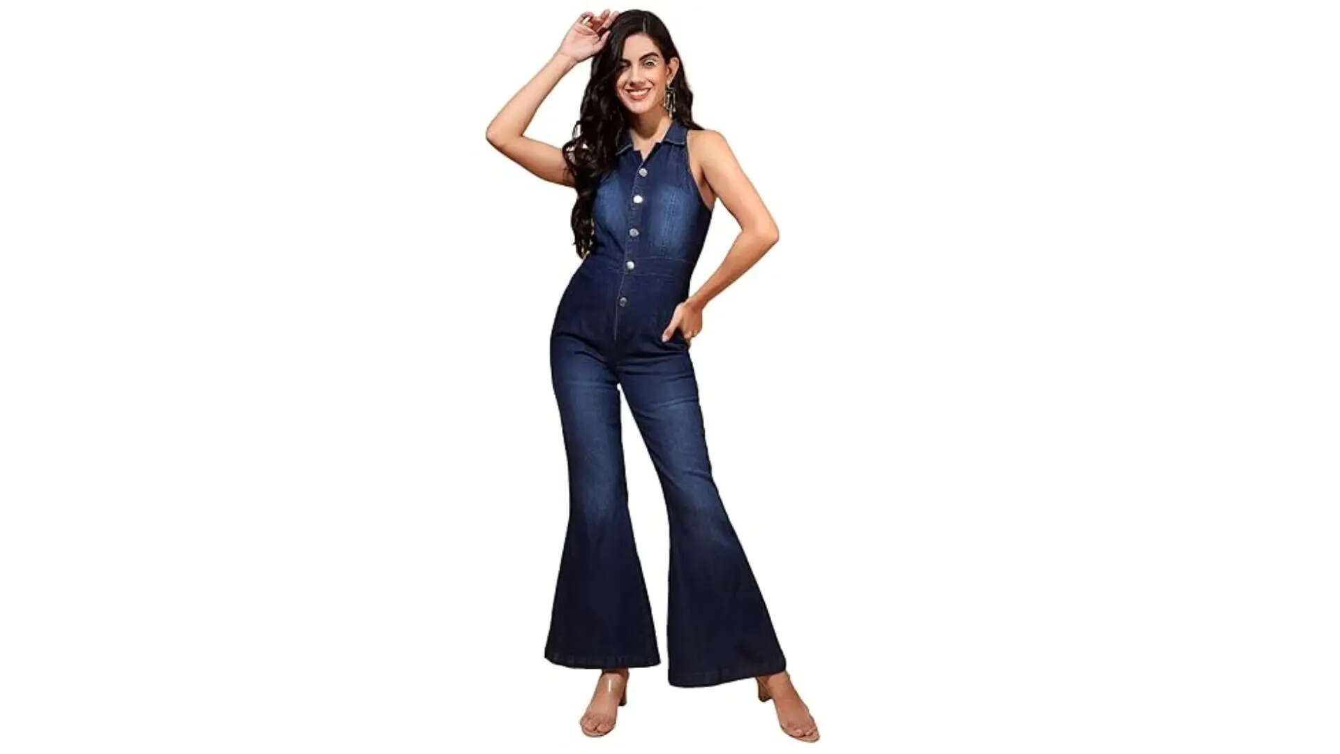 DRAPE AND DAZZLE Stretchable Denim Bell Bottom Jumpsuit