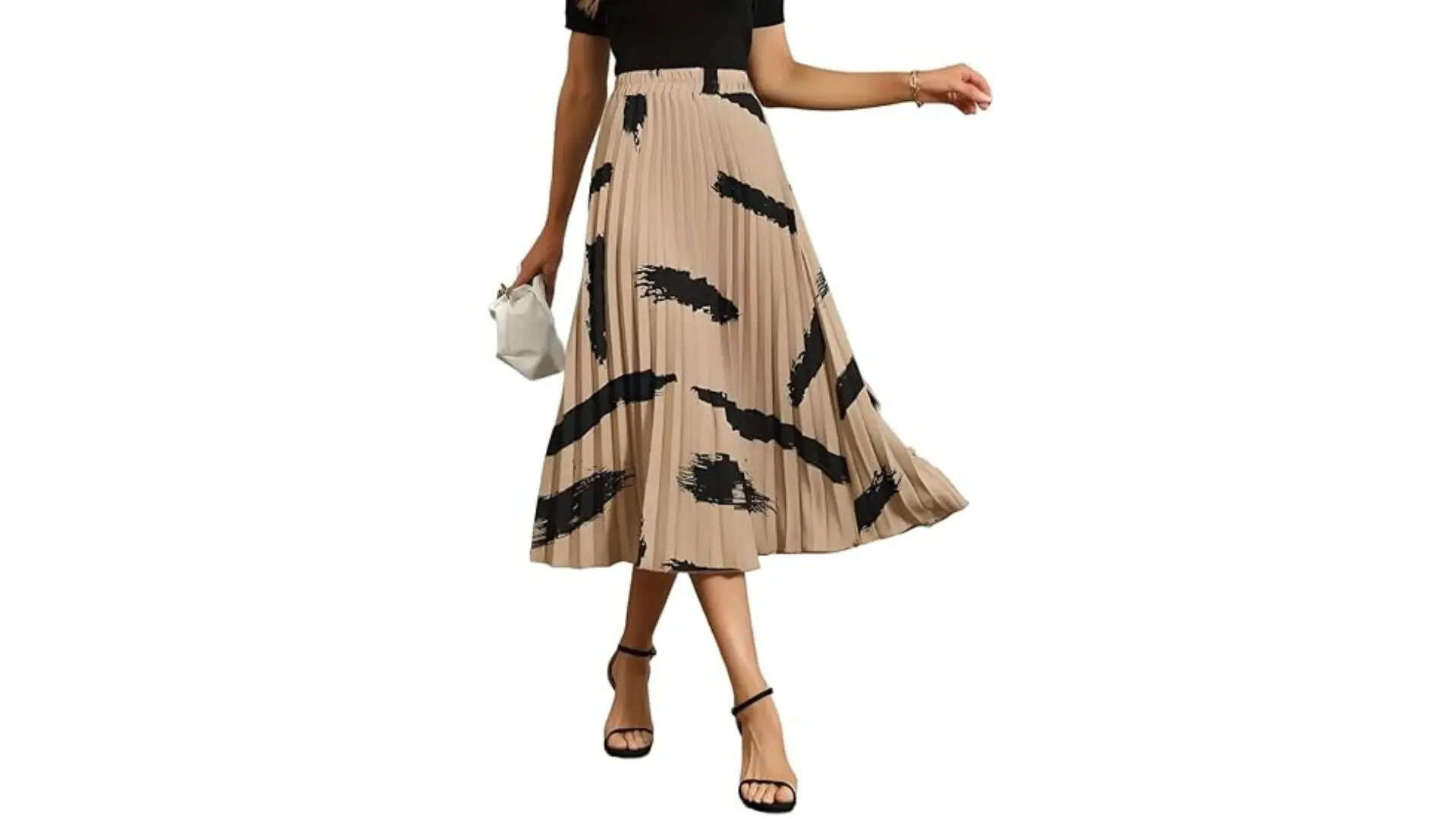 OTABU  Brush Print Pleated Skirts Vintage Elastic Waist Midi Skirts Womens Clothing