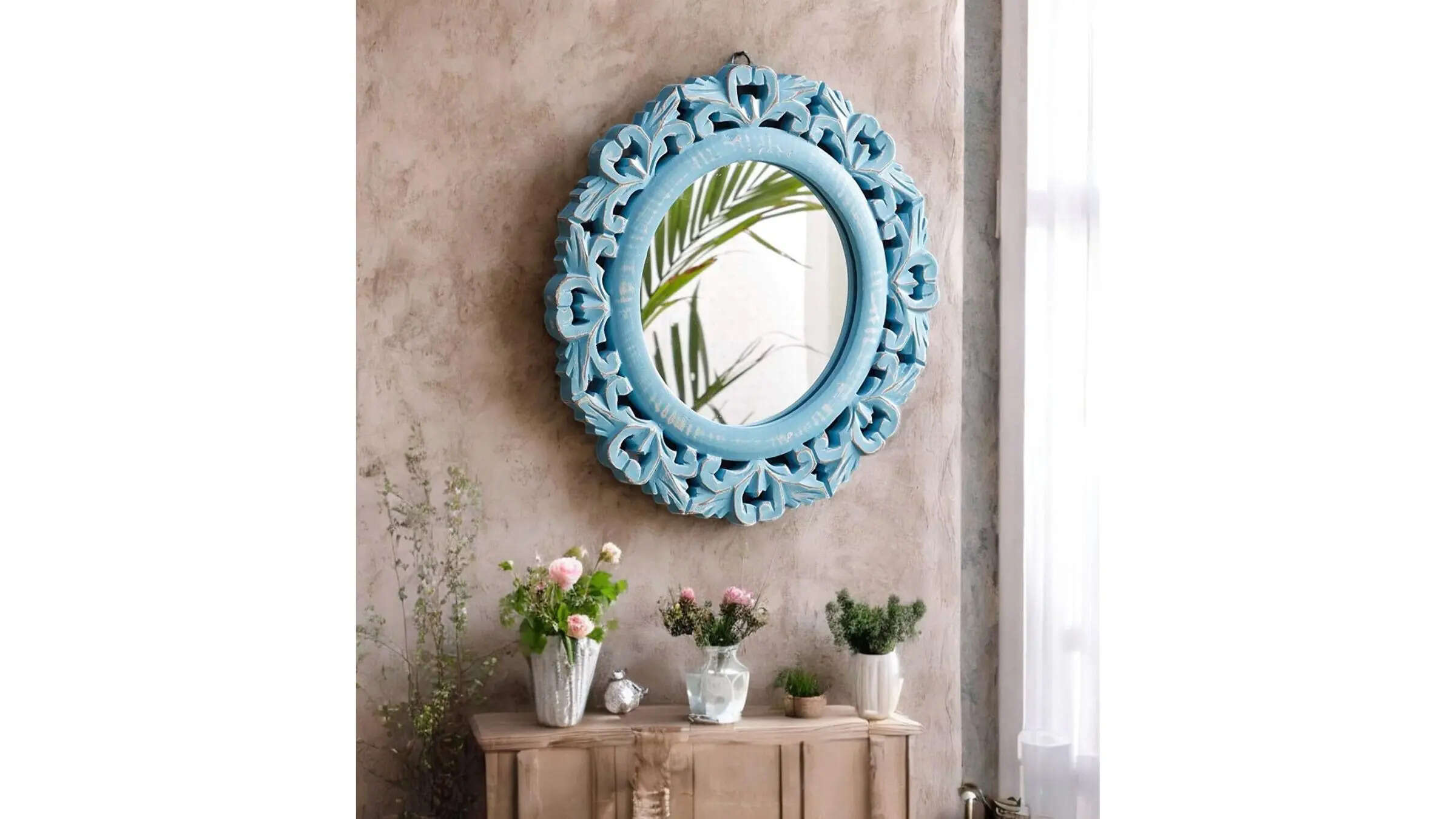 THE URBAN STORE Decorative Hand Crafted Wooden Round Shape Vanity Wall Mirror 