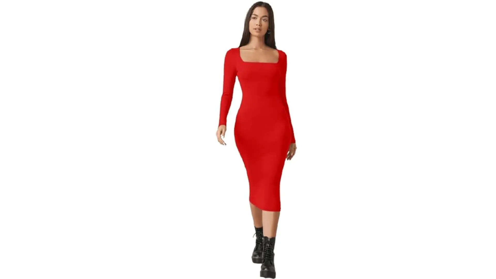 Aahwan Solid Square Neck Solid Midi Bodycon Dress For Women