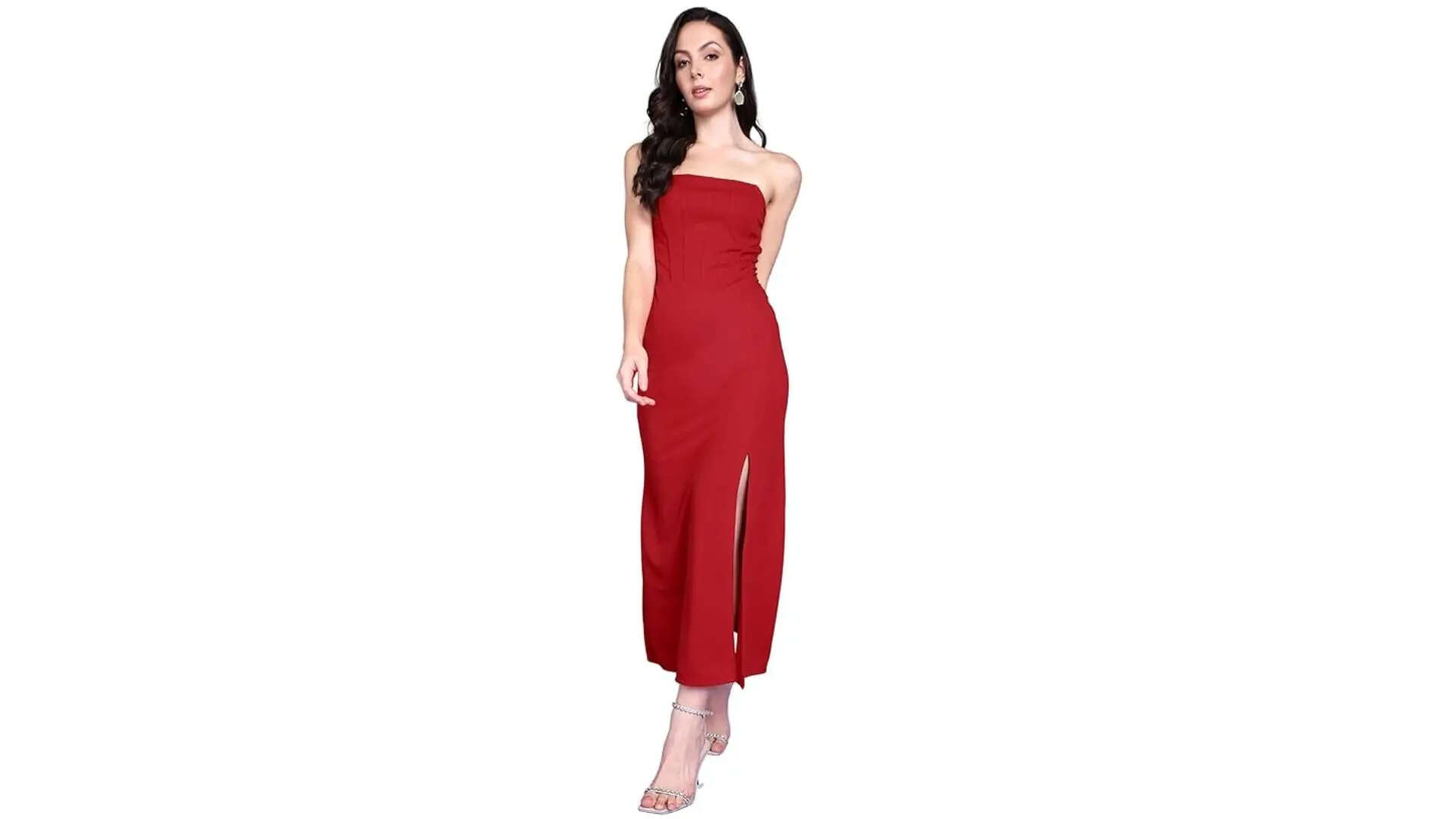 POPWINGS Casual Solid Sleeveless Slit Long Corset Dress for Women 