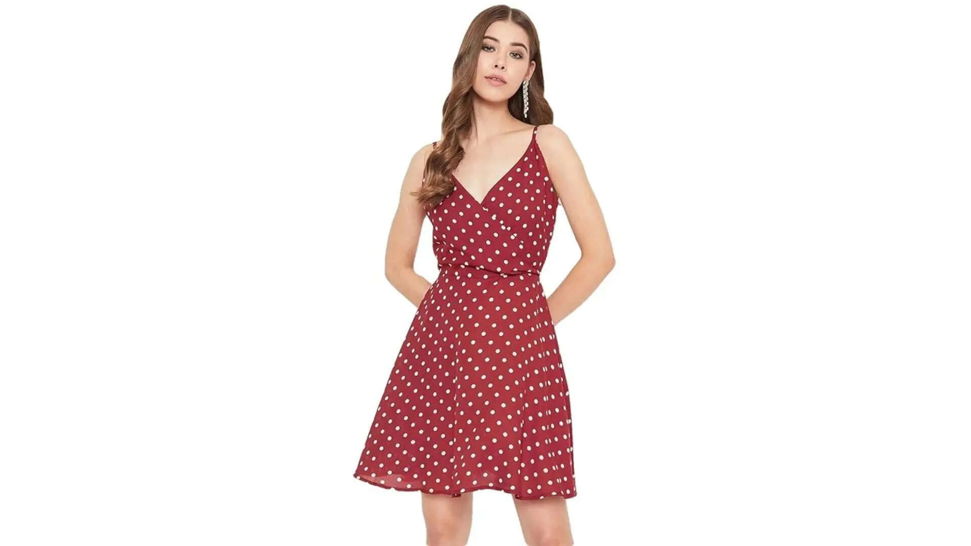 Istyle Can Womens Polka Dot Fit and Flare V Neck Sleeveless Shoulder Strap Dress for Women