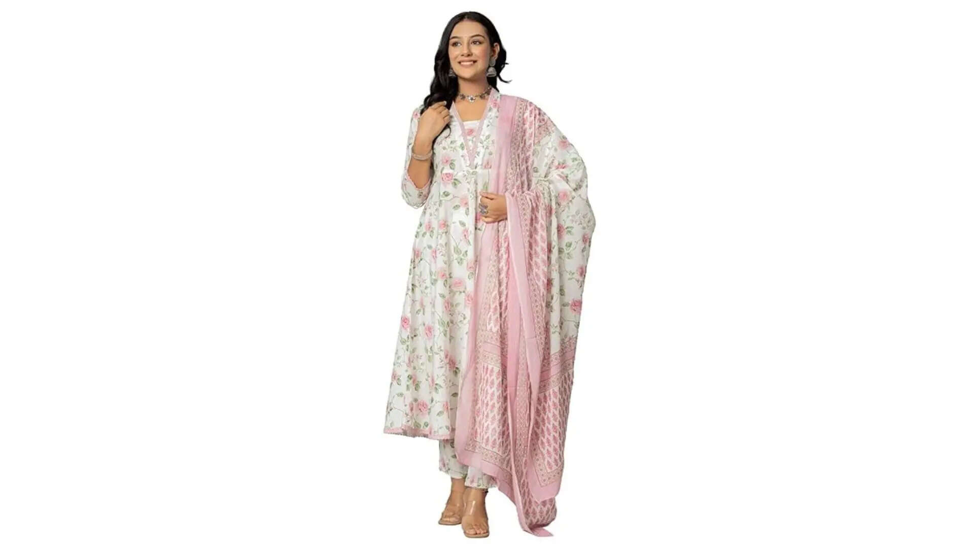 Amayra Womens Cotton Printed Anarkali Kurta with Palazzo Pants and Dupatta