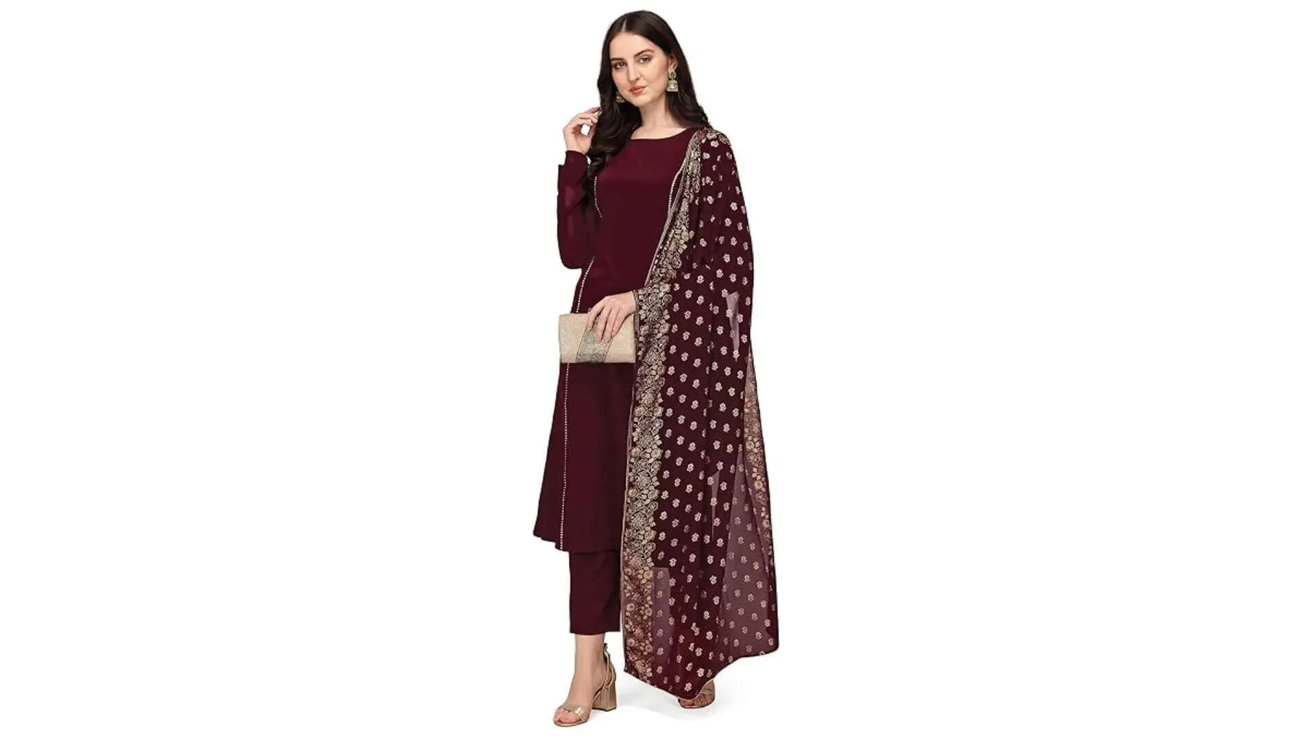 FIORRA Womens Maroon Poly Crepe A-Line Kurta Set With Dupatta