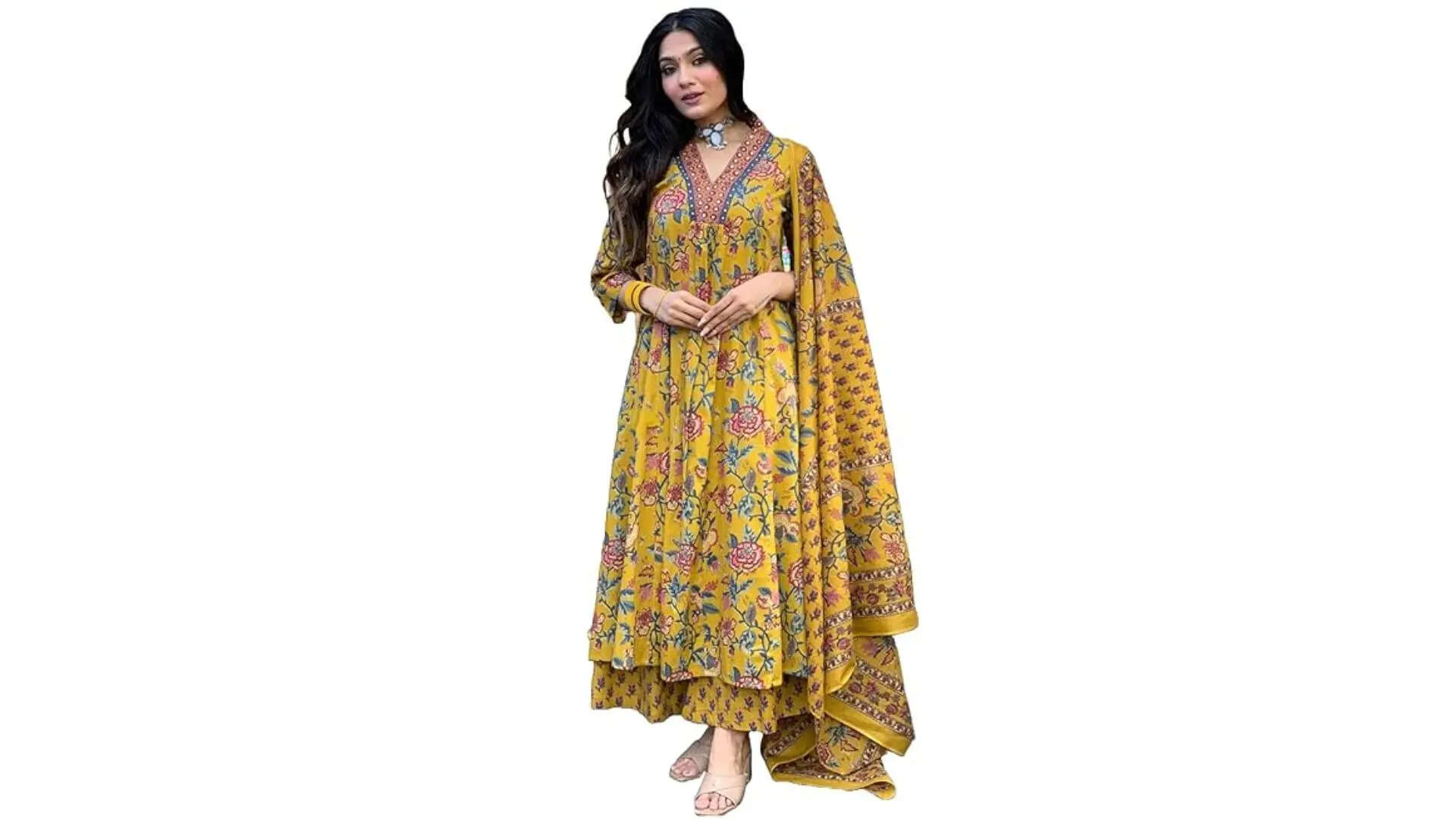 GoSriKi Womens Rayon Viscose Anarkali Printed Kurta with Palazzo  Dupatta