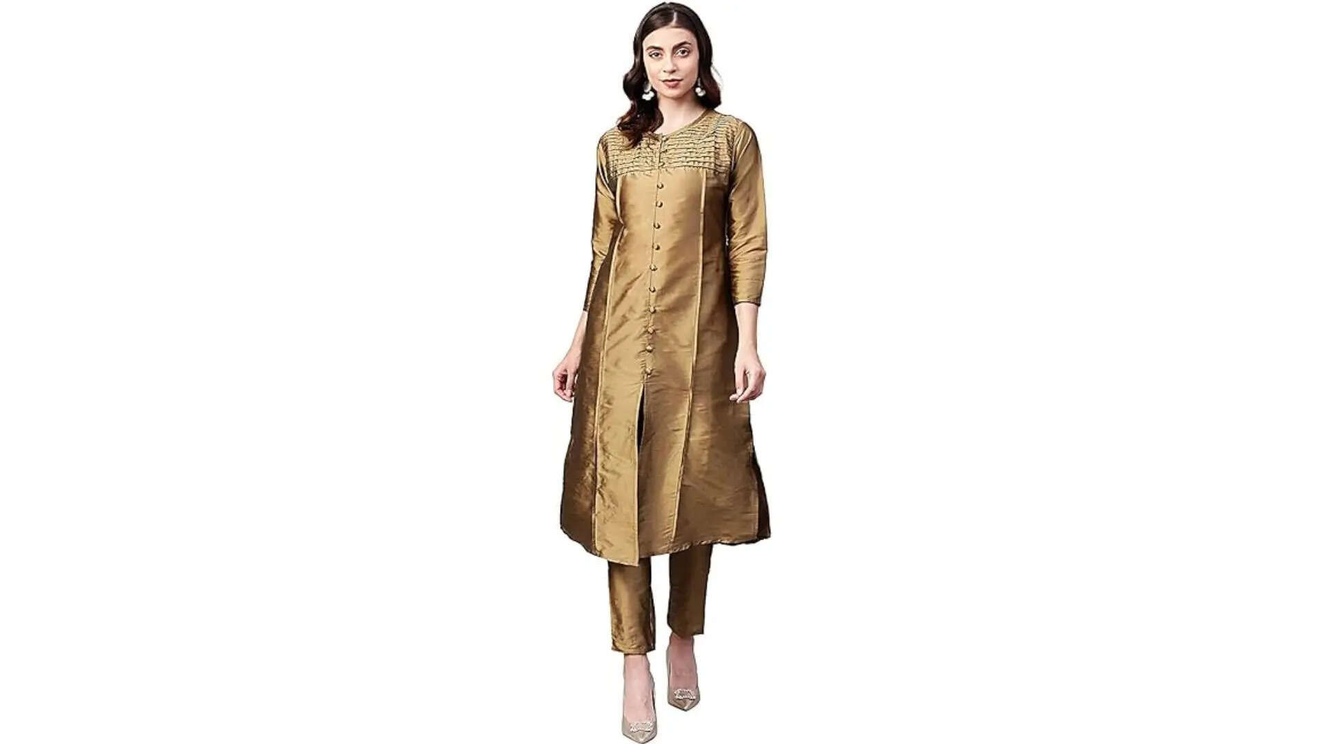 IVES Womens Casual Ethnic Wear Silk Blend 34 Sleeve  Round Neck Kurta