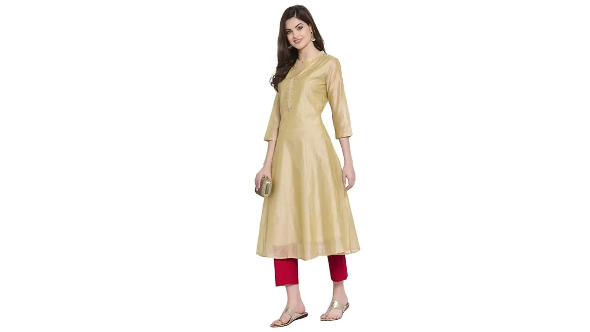 Rangavali Beige Gold  Rose Pink Embroidered Festive Anarkali Suit Set