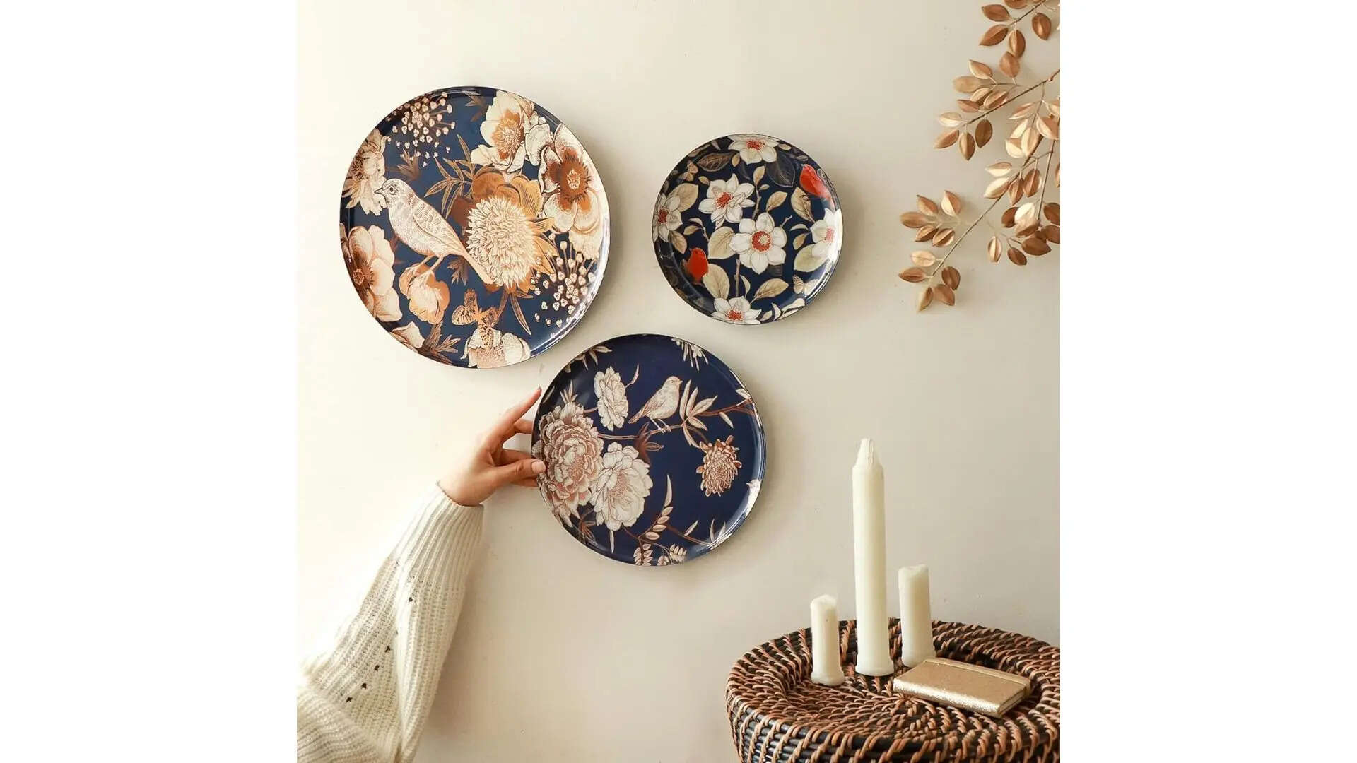 Minimalist Decor Pick RITUALISTIC Oriental Blooms Wall Plates- Set of 3