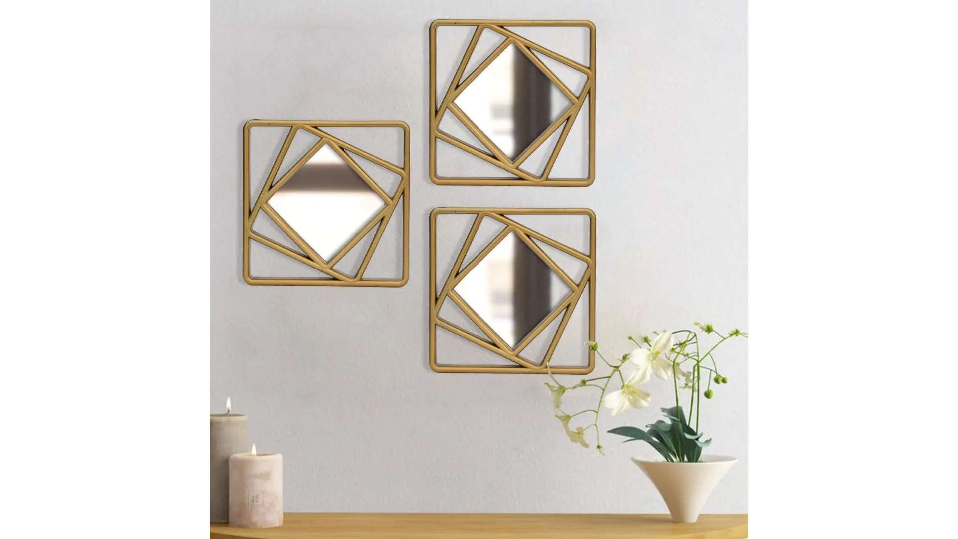 Art Street Golden Set of 3 Square Shape Decorative Wall Mirror for Home