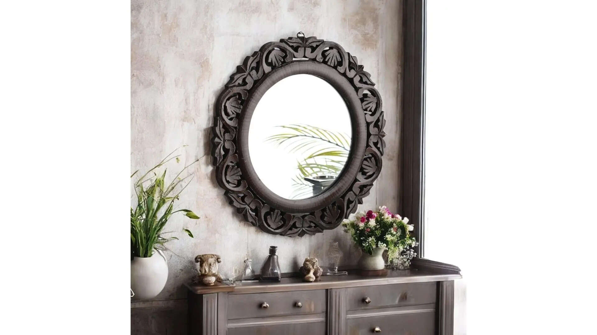 THE URBAN STORE Decorative Hand Crafted Wooden Round Shape Vanity Wall Mirror 