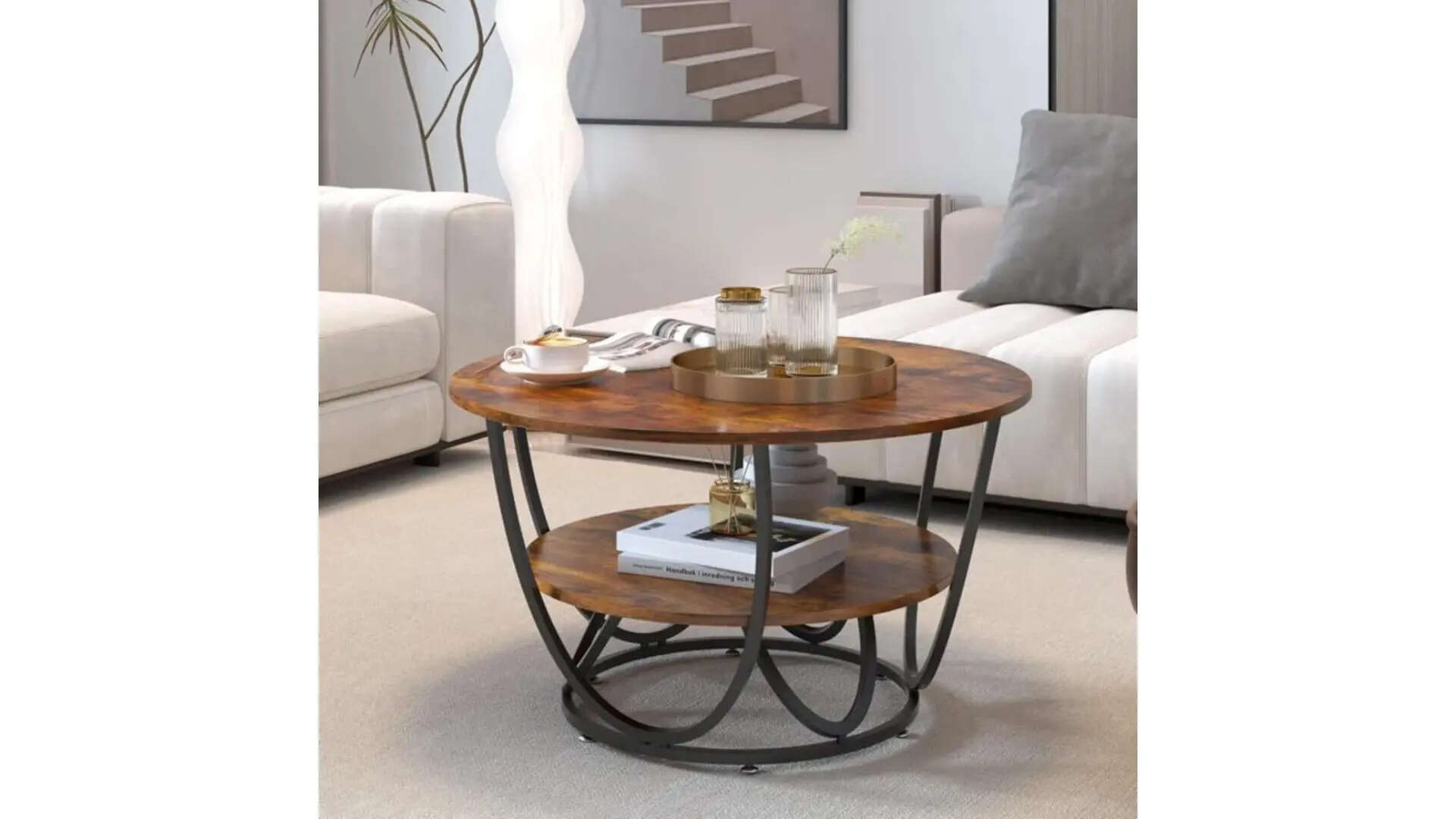 Zamofy Metal Frame and Marble Look Round Coffee Table